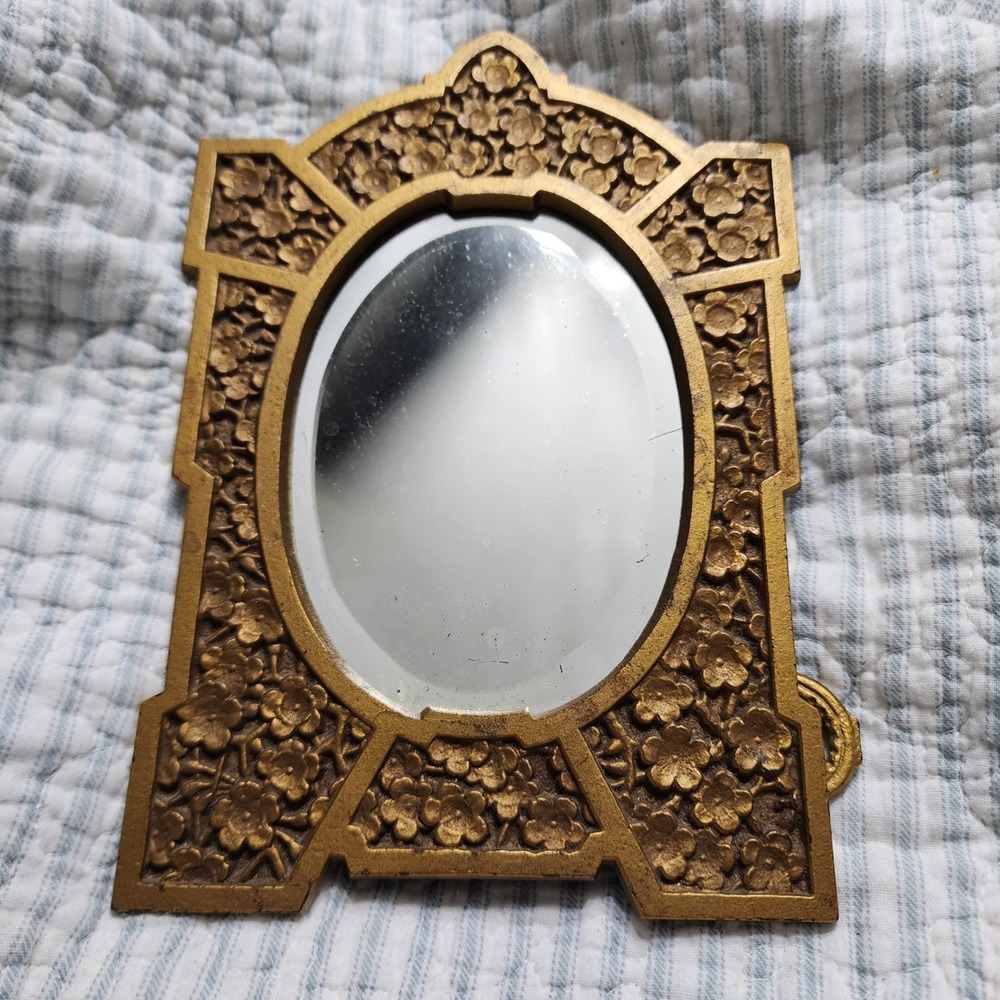 Vintage Gold Cast Metal Floral Tabletop Mirror Ornate Beveled Oval Easel 9432